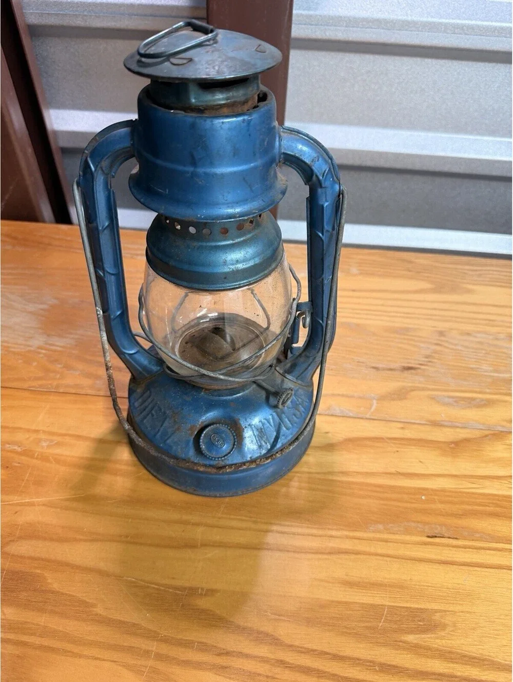 Vintage Blue Kerosene Oil Lantern Little Wizard Embossed Glass Rustic Farmhouse